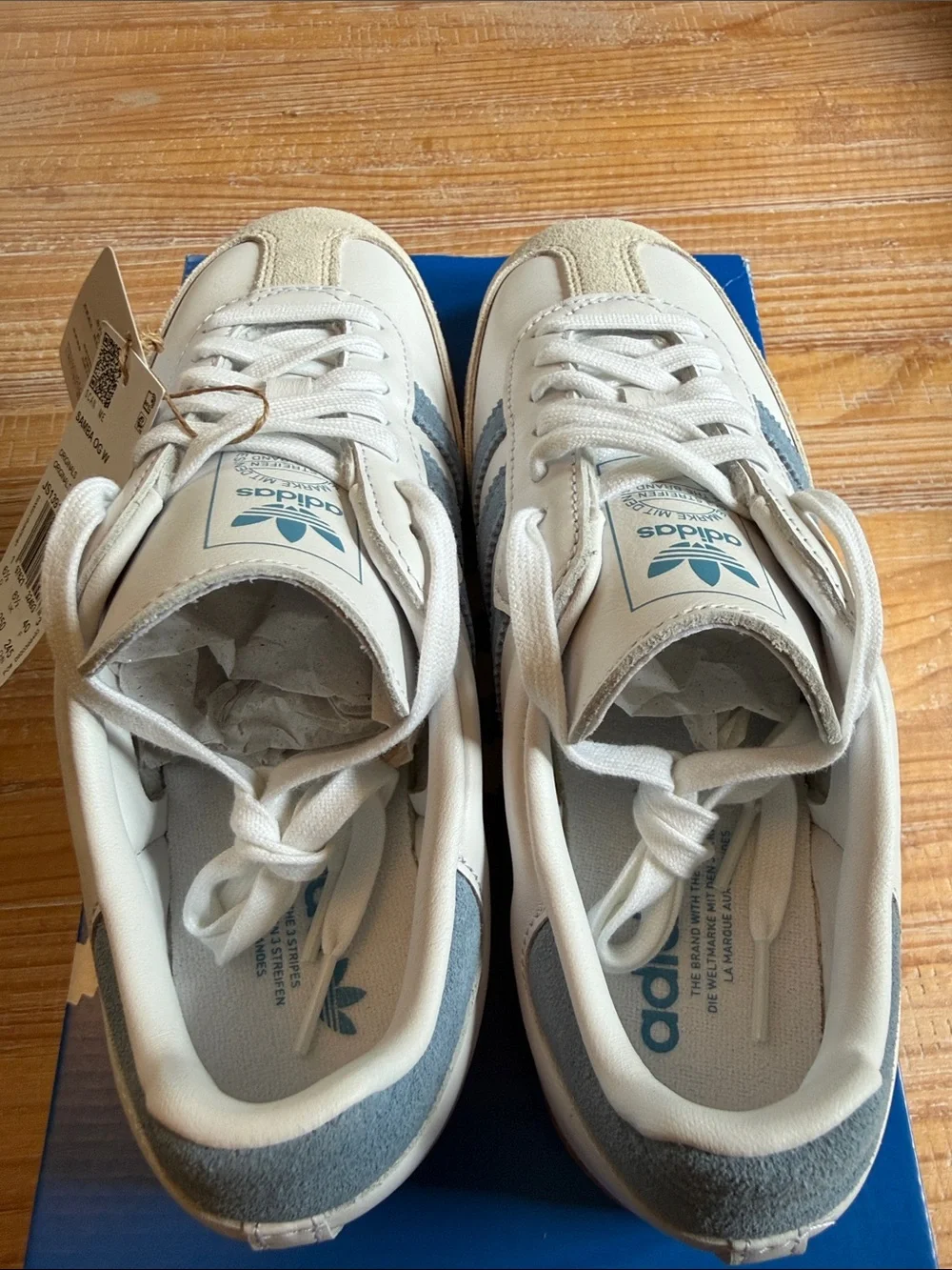 Adidas Original Samba White Leather Sneakers with Blue/Gray Stripes and Gum Sole